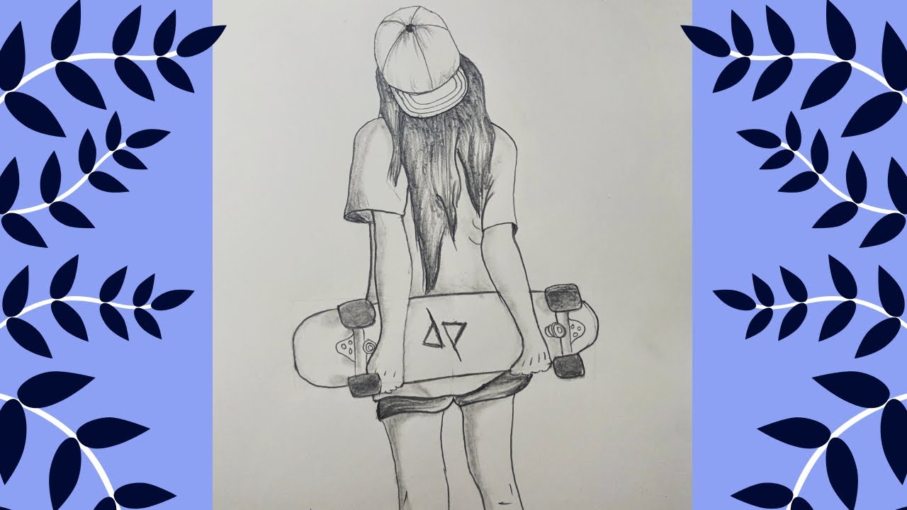 How to draw a Girl with Skateboard for Beginners - Pencil Sketch | Girl with Dude Perfect Skateboard