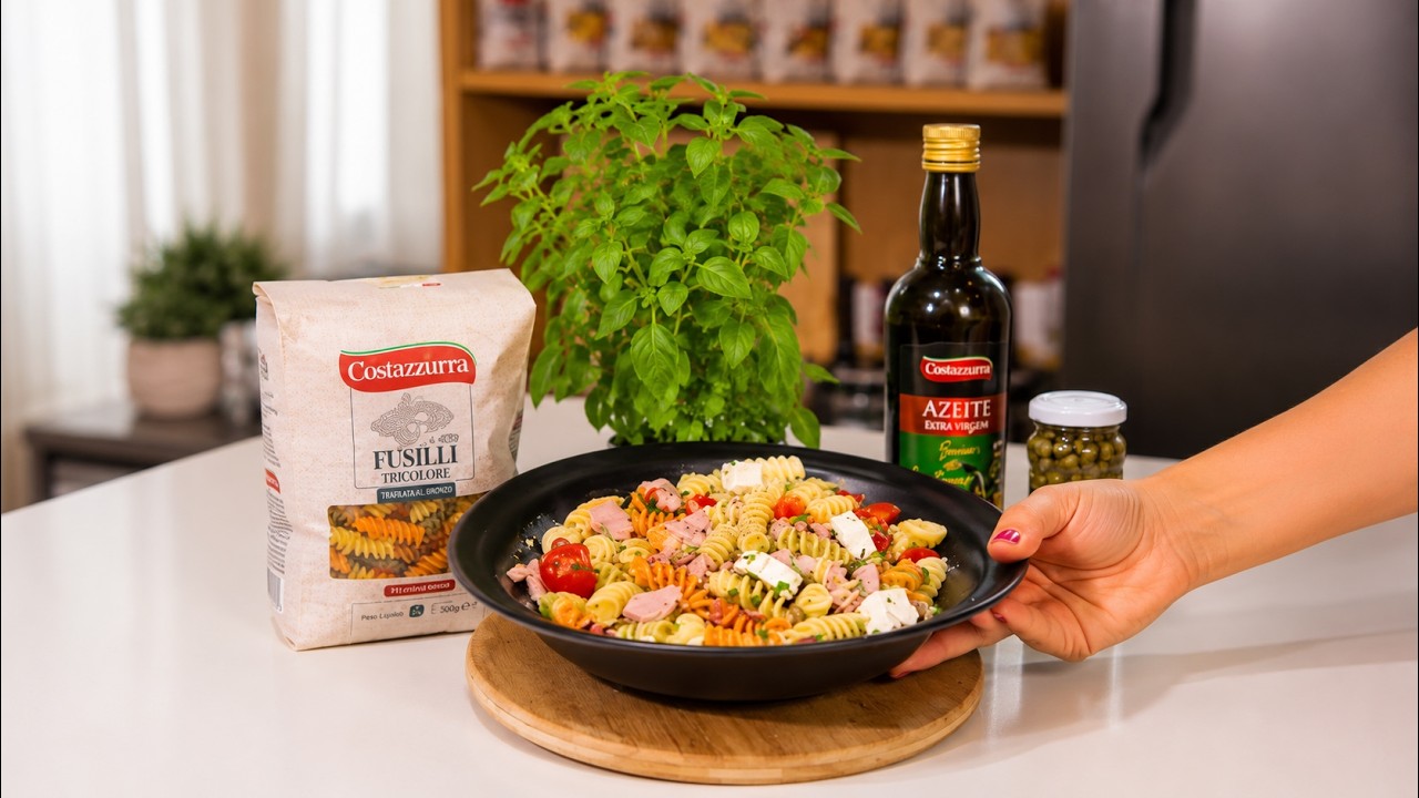 Salada de Fusilli Tricolore Cremosa e Refrescante