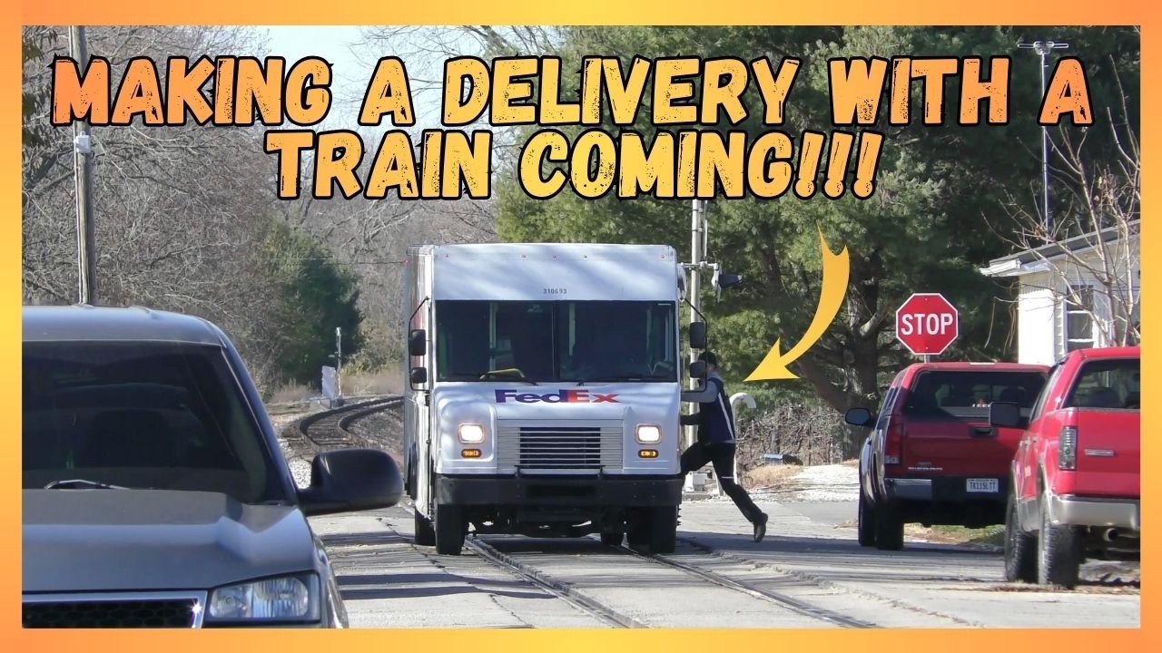 FedEx Driver Cuts It Close By Delivering Moments Before A Train Comes Down The Middle Of The Street!
