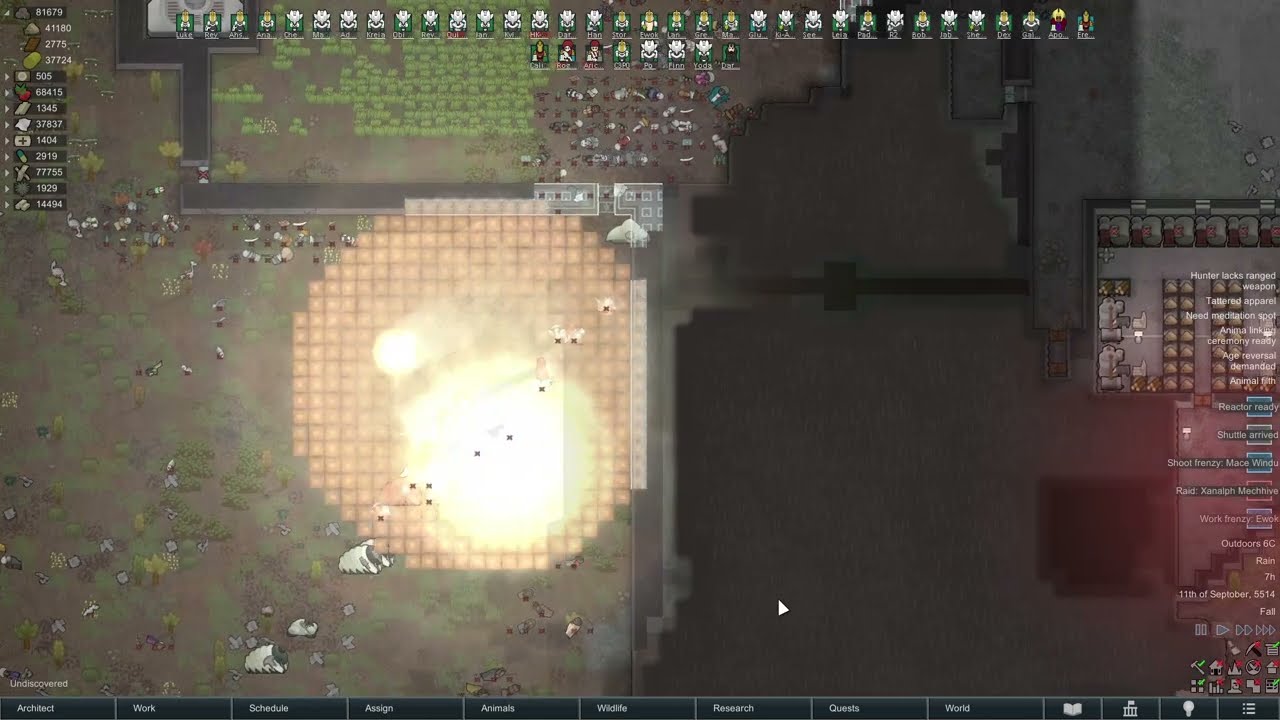 Rimworld - Endgame mech raid vs 4 Antigrain warheads