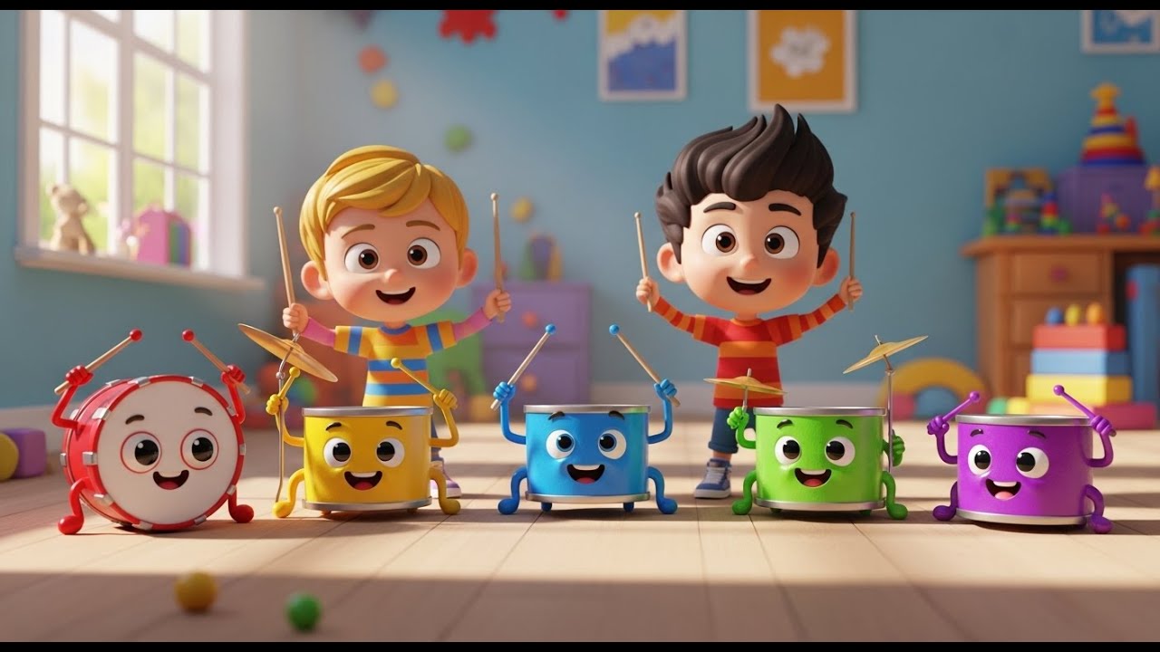 Five Little Toy Drum Kits Bang Bang Bang | Musical Instrument Song & Nursery Rhymes---