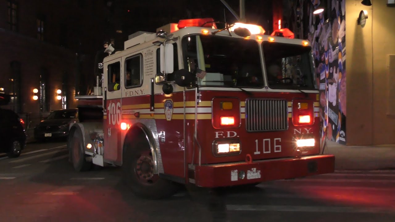 **Heavy Airhorn Usage + 2002 Spare Tiller!** FDNY Tiller Ladder 106 responds to a All-Hands Fire.