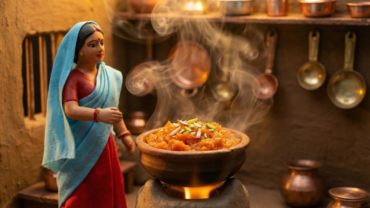 Miniature Doll Gajar Halwa Cooking ASMR | Indian Village Tiny Kitchen Winter Sweet