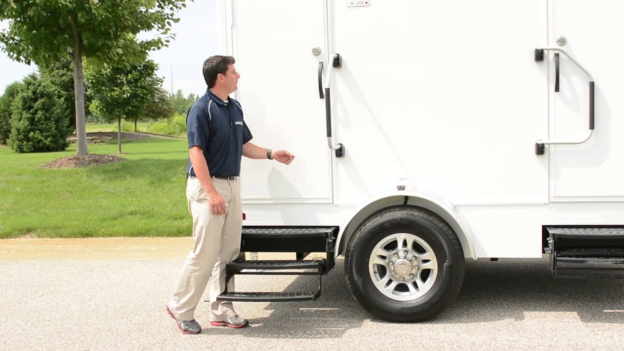 Satellite Suites 10 Foot Luxury Mobile Restroom Trailer Setting Up Steps and Door Handles