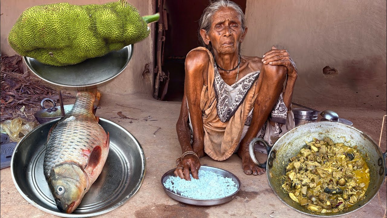 American Fish with Jackfruit recipe cooking & eating by poor old widow Grandma||Village food 
