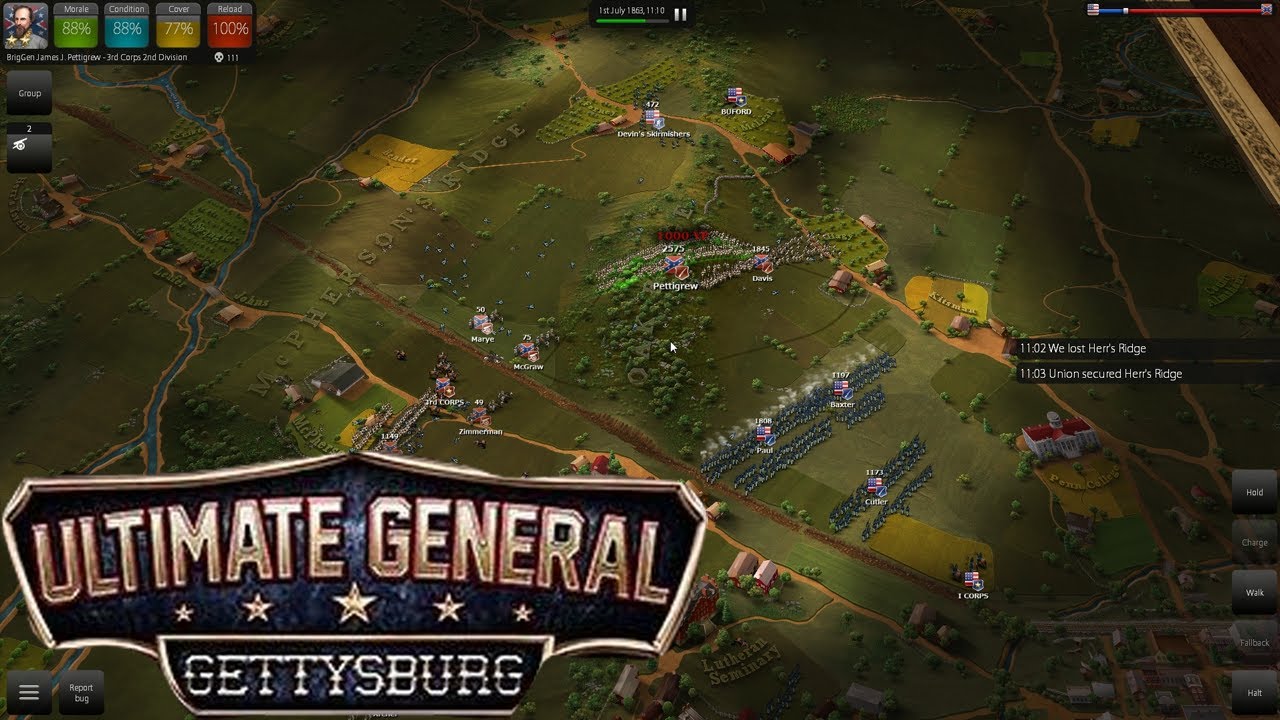 Ultimate General : Gettysburg - Day One Morning - Arriving at Gettysburg Confederates Gameplay