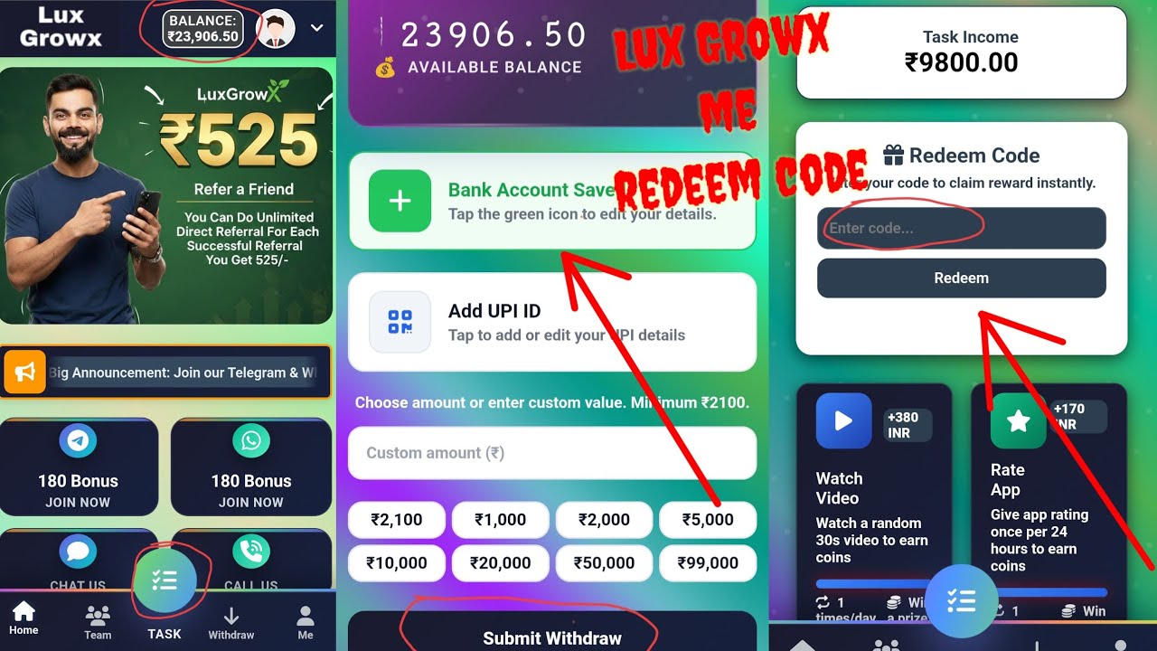 Lux Growx app mein /redeem code kaha se milta he/#luxgrowx