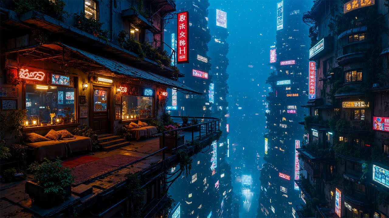 Cyberpunk Cozy Coffee Balcony ☕ Neon City Nightscape | Futuristic Urban Dreamscape | 4K