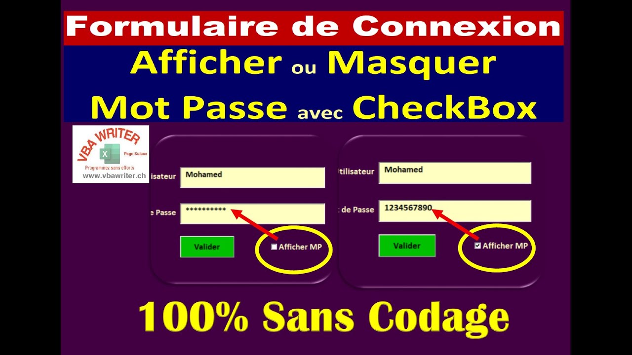 VBA_Formulaire Connexion: Masquer/Afficher Mot Passe avec CheckBox / Sans Codage129 VbaWriter.ch/vip