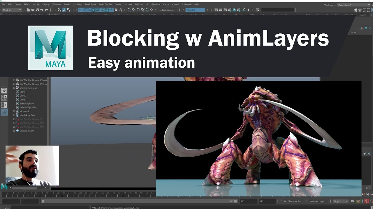 Use animation layers to edit multiple poses while blocking in Maya - Starcraft's Ultralisk animation