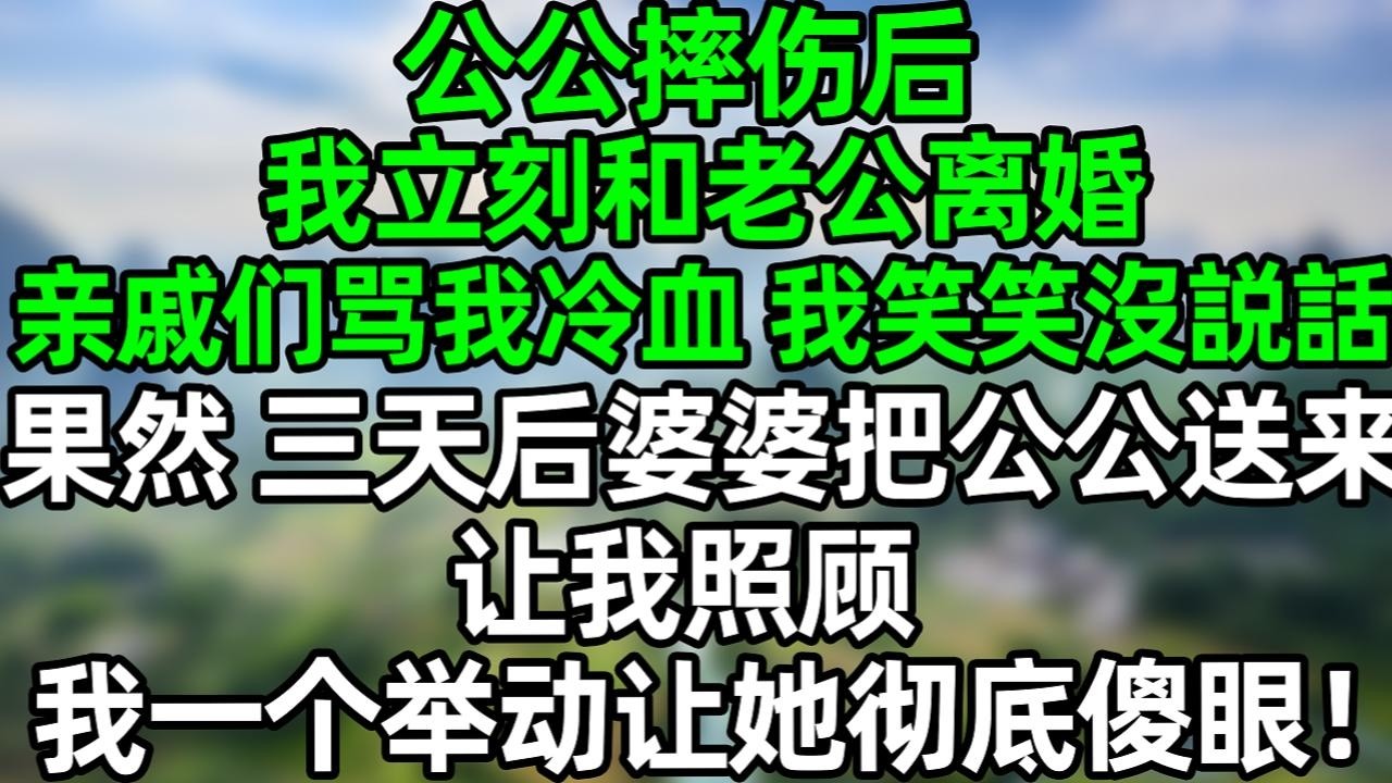 公公摔伤后我立刻和老公离婚，亲戚们骂我冷血 我笑笑没说话，果然 三天后婆婆把公公送来让我照顾，我一个举动让她彻底傻眼！#夜讀人生 #大橘講故事  #情感故事 #講故事  #幸福生活