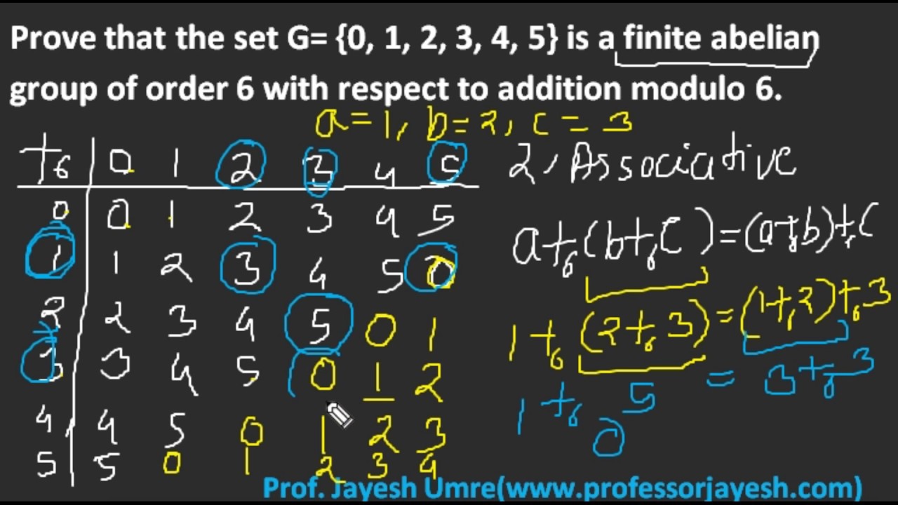 Prove set G= {0, 1, 2, 3, 4, 5} is abelian  group of order 6, addition modulo 6. | Jayesh Umr