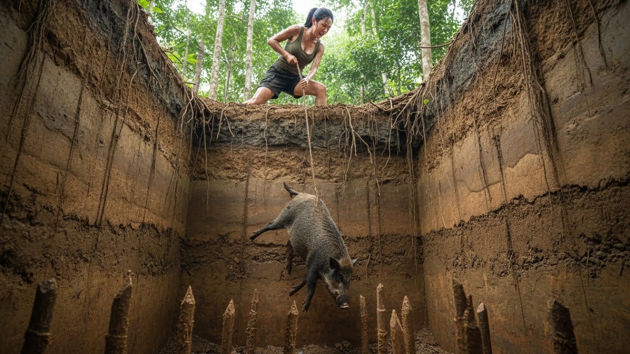 Solo Survival Nightmare: Exhausted Above a Deep Trap Pulling a Heavy Wild Boar