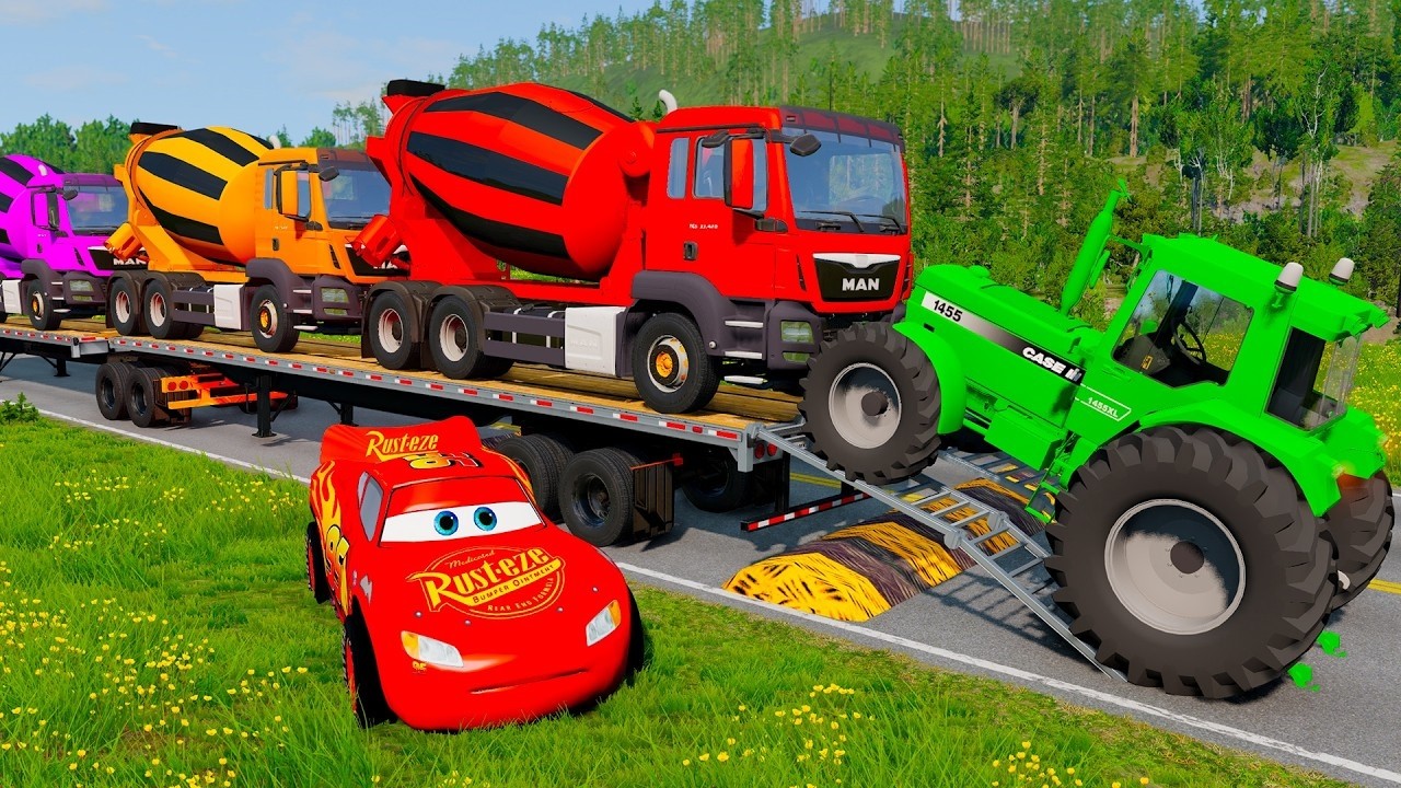 TRANSPORTING PIXAR CARS & FRUITS WITH COLORED & JOHN DEERE vs CLAAS vs TRACTORS - BeamNG.drive #179