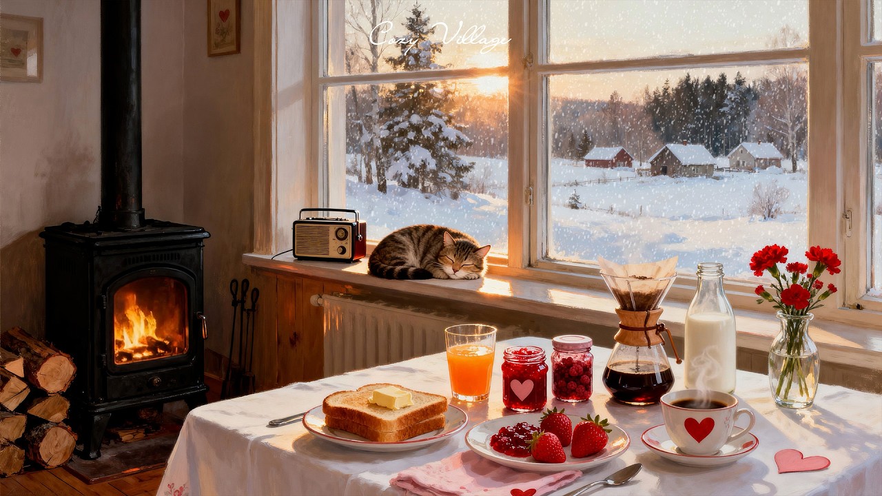 Peaceful Snowy 1940s Valentine Morning ❤️ Vintage Jazz in a Cozy Kitchen for Study, Sleep & Unwind