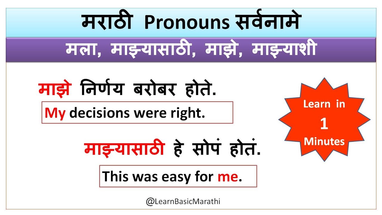 Learn Marathi Pronouns |मला माझ्यासाठी  माझे माझ्याशी with Daily Use Marathi - English  Sentences