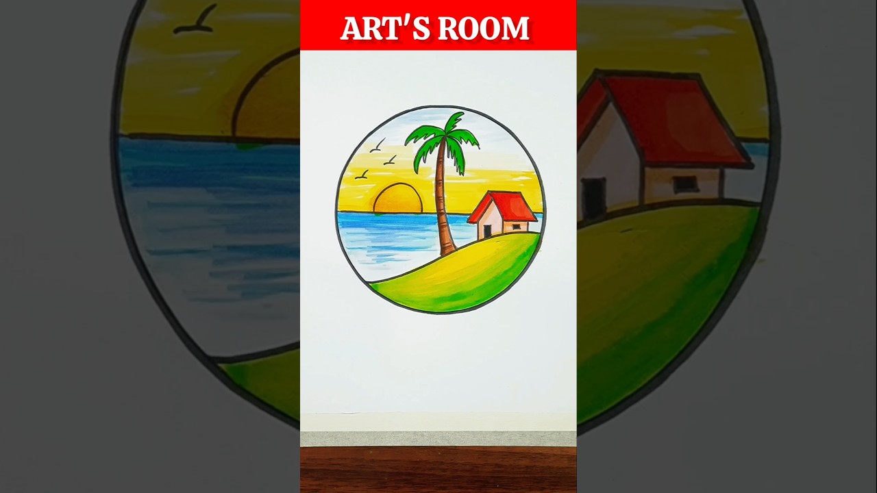 Easy Circle Scenery Drawing with Colour | Beautiful Circle Art #shorts #drawing #artsroom