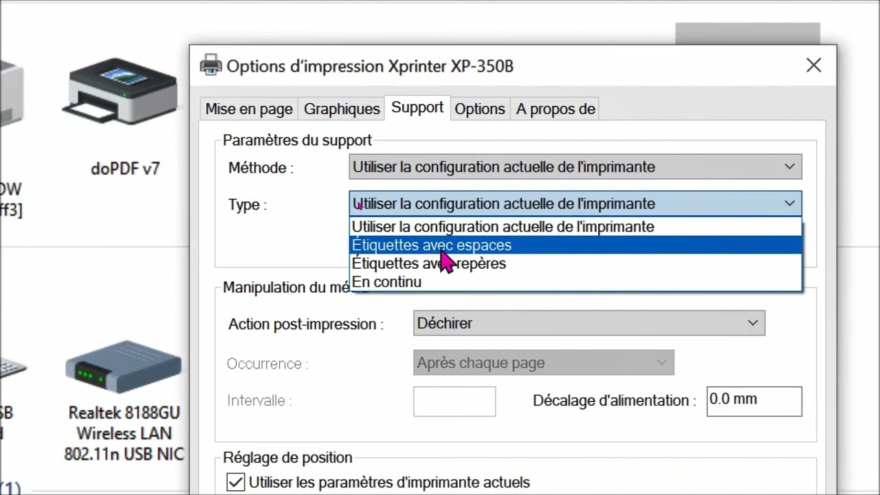 Réglage dimensions étiquettes code à barre pour Xprinter 350B 235