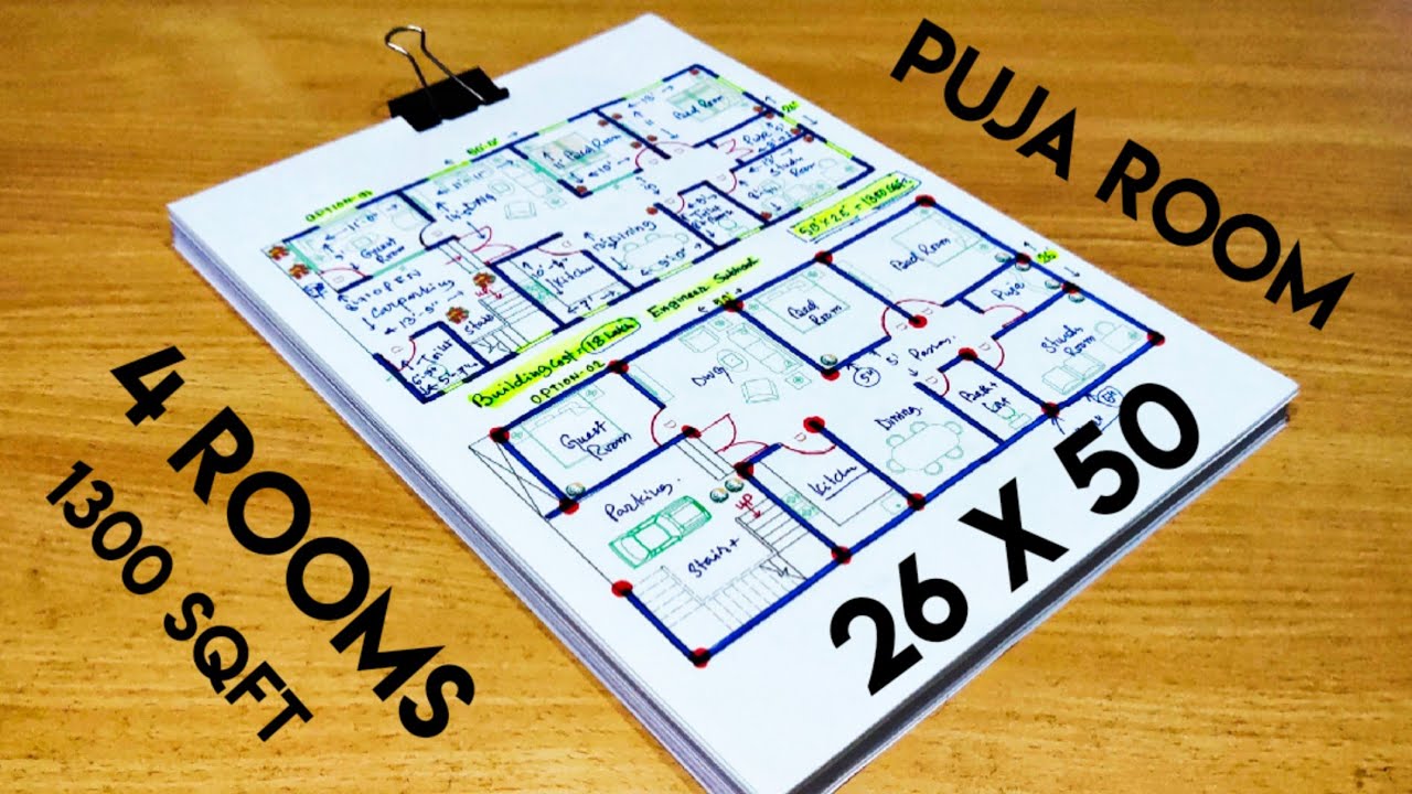 4 bed room house design II 26 x 50 ghar ka naksha II 26 x 50 house plan II 1300 sqft home design