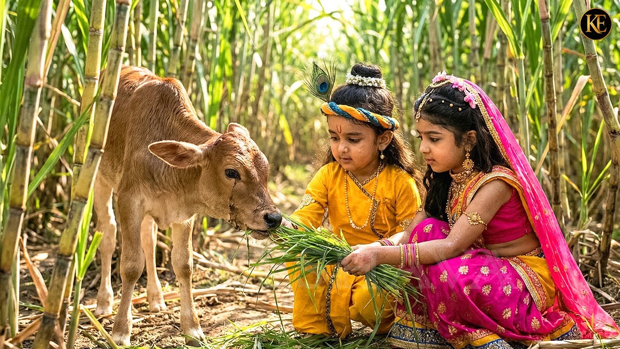 “गन्ने के खेत में बाल कान्हा और राधा ने नन्हे बछड़े को प्रेम से चारा खिलाया | Shree Krishan leela