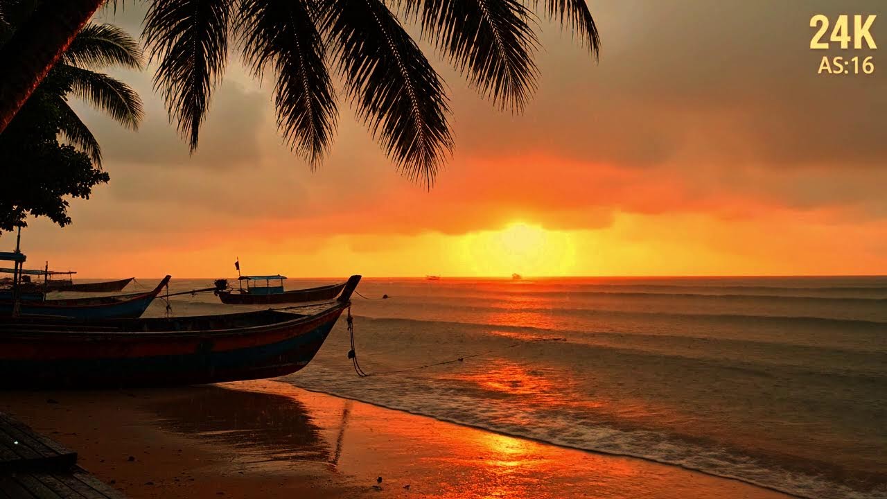 24/7 LIVE 🌊 Peaceful Rain on Beach with Boats | Soothing Ocean Rain for Sleep 4K UHD