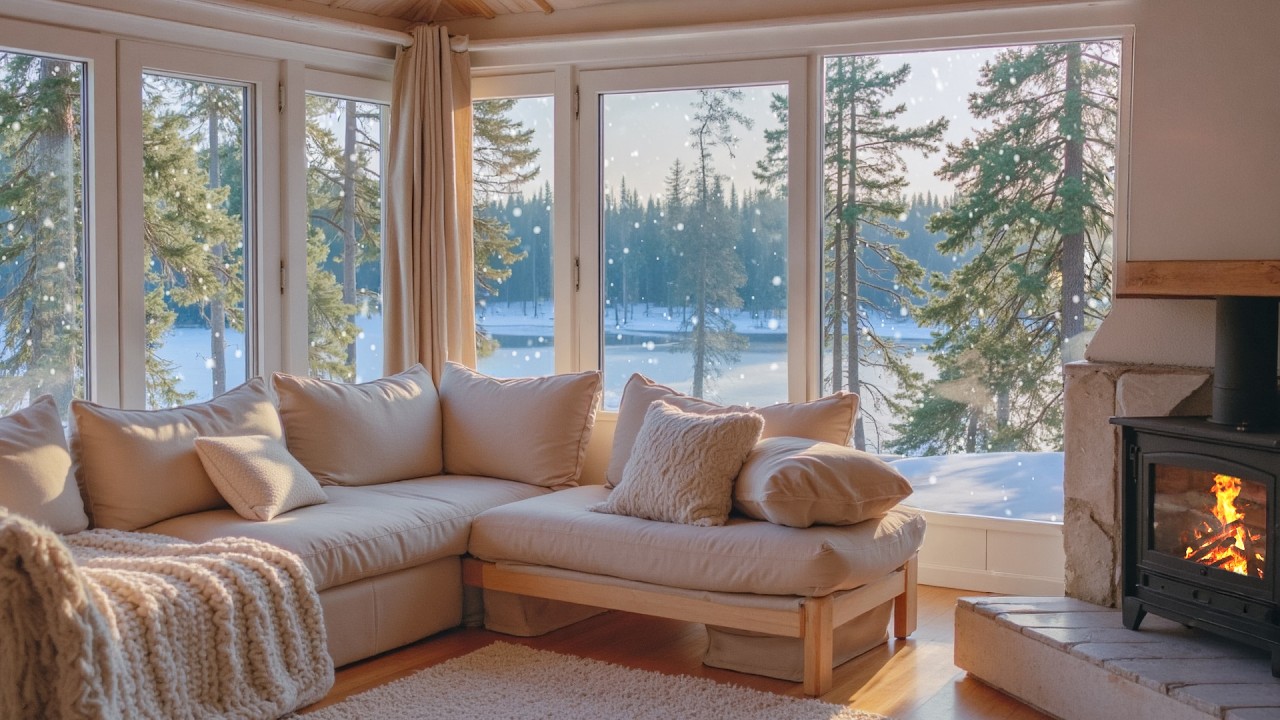 Cozy Winter Piano Night in a Bright White Room ❄️🎹 | Snowy Window View, Soft Fireplace Sounds
