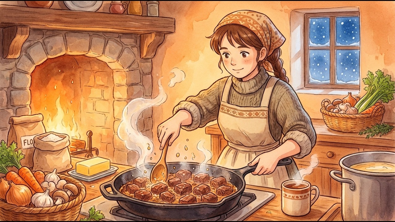 Slow Cooking in a French Stone Cottage: Beef Bourguignon | Ghibli Style Winter Vibes