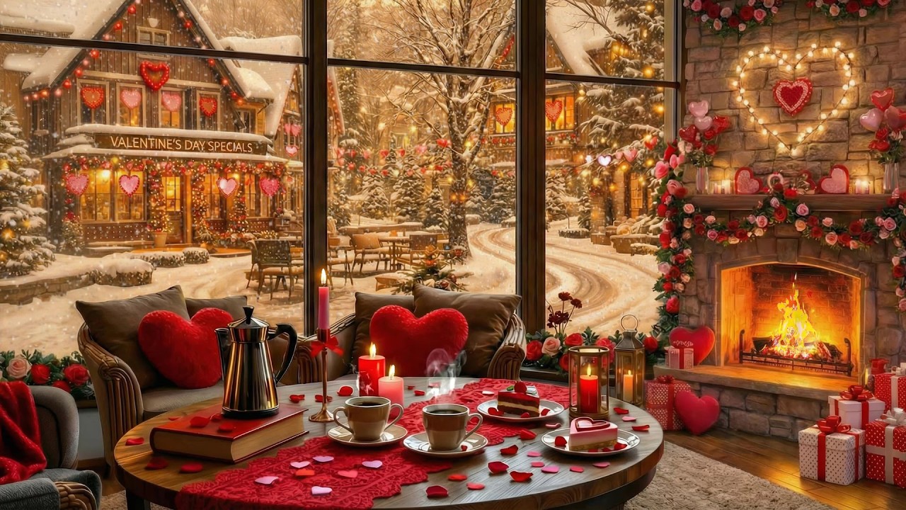 Nostalgic Love Songs ❤️ Romantic Valentine’s Night by the Fireplace | Snowy Café Window Ambience