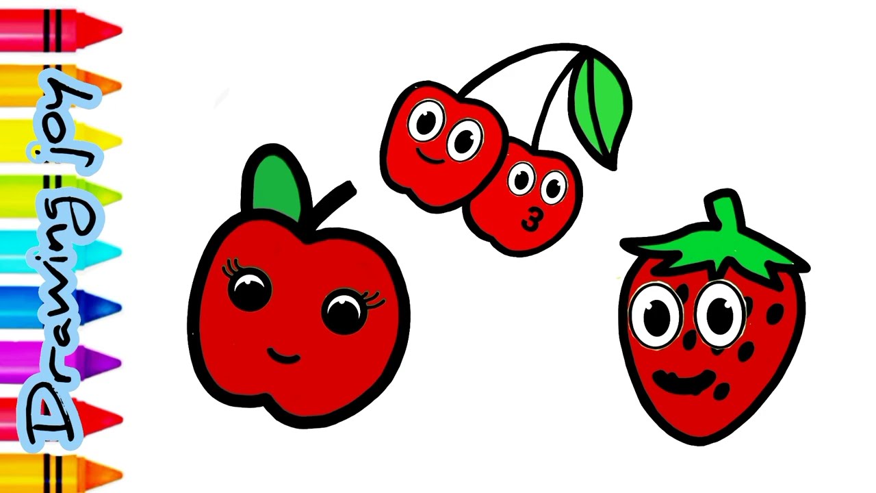 Drawing and coloring red  strawberry cherry green leaf easily