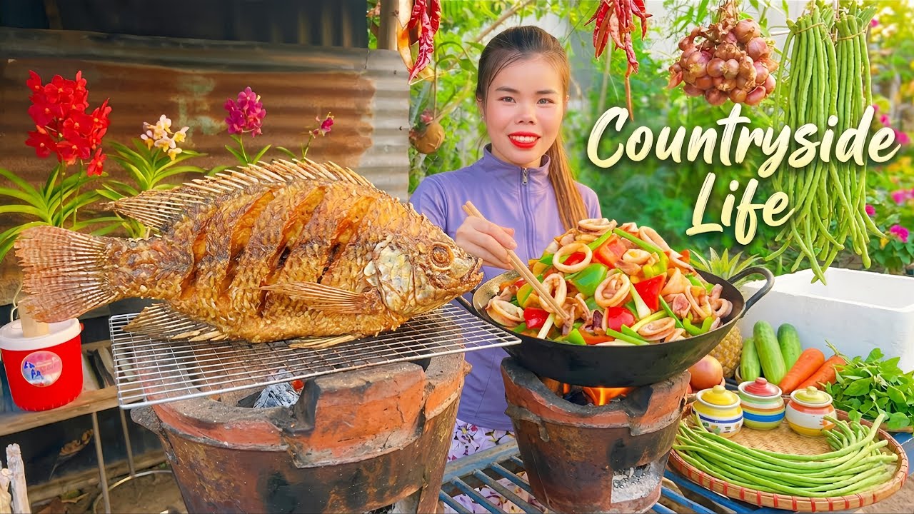 Countryside Life: Squid and Vegetable Stir-Fry, Crispy Fried Fish & Yardlong Bean Harvest 