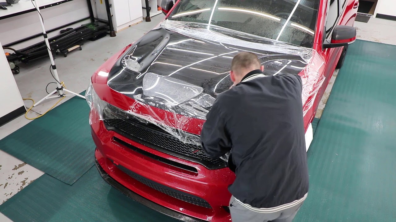 Premium Shield paint protection film install on a Dodge Durango R/T hood