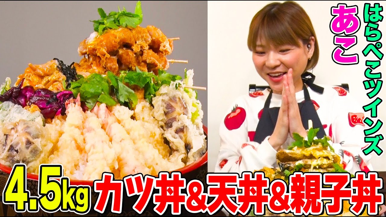 ＜Eng-Sub＞【デカ盛りハンター】 食べてるとこだけ！はらぺこツインズあこが4.5kgの“どんぶり山脈”に挑戦！「味奈登庵」でカツ丼&天丼&親子丼の豪華共演に舌鼓【大胃王】【MUKBANG】