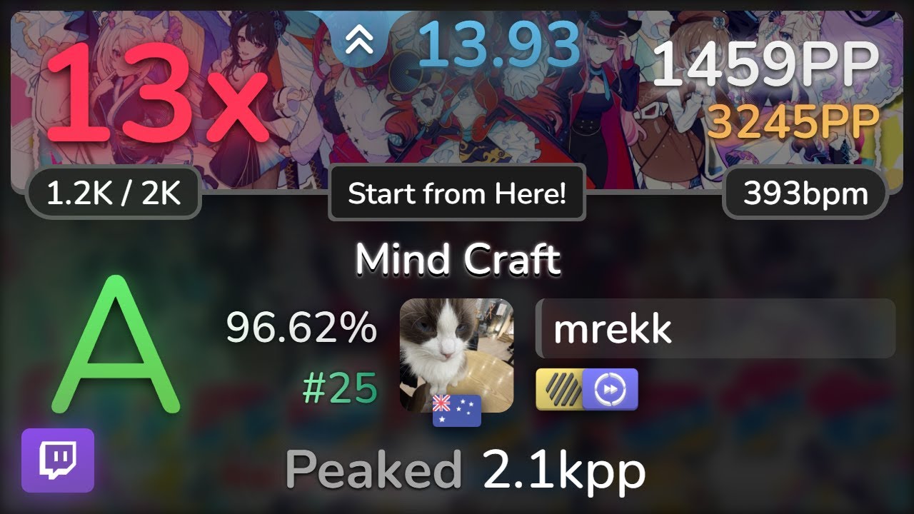 🔴 13.9⭐mrekk | hololive English - Mind Craft [Start from Here!] +HDDT 96.62% #25 | 1459pp 13❌ - osu!