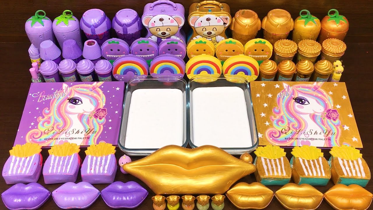 PURPLE vs GOLD!! Mixing Random into GLOSSY Slime! Satisfying Slime Video