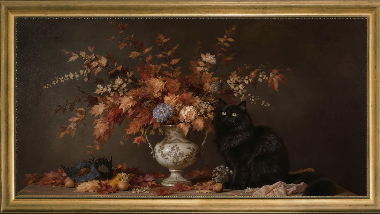 Vintage Fall Art with Black Cat & Florals | Calm Seasonal Screensaver | Halloween Frame TV Art