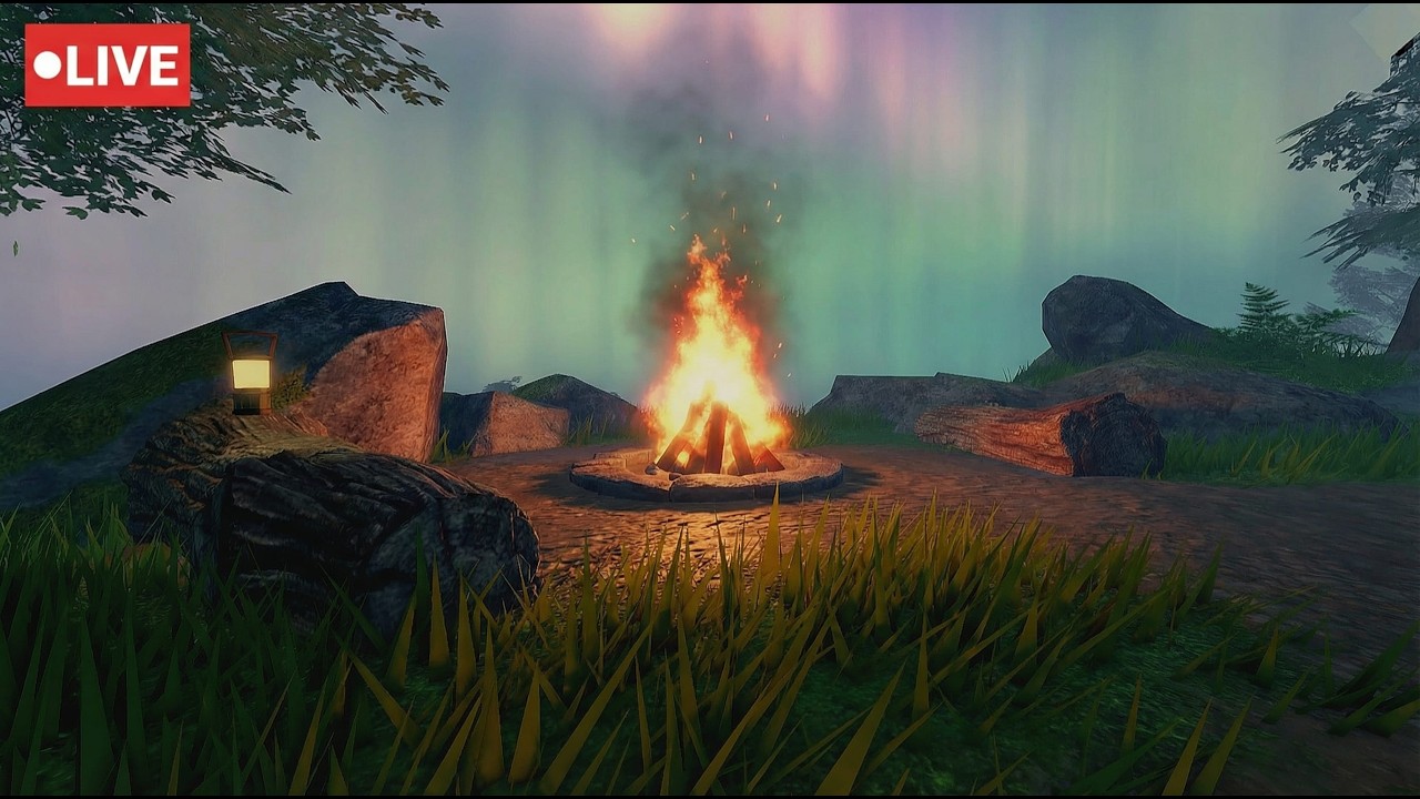 Live 🌧️ Soothing rainforest & Sounds of rain and smoldering fire 🌲🔥