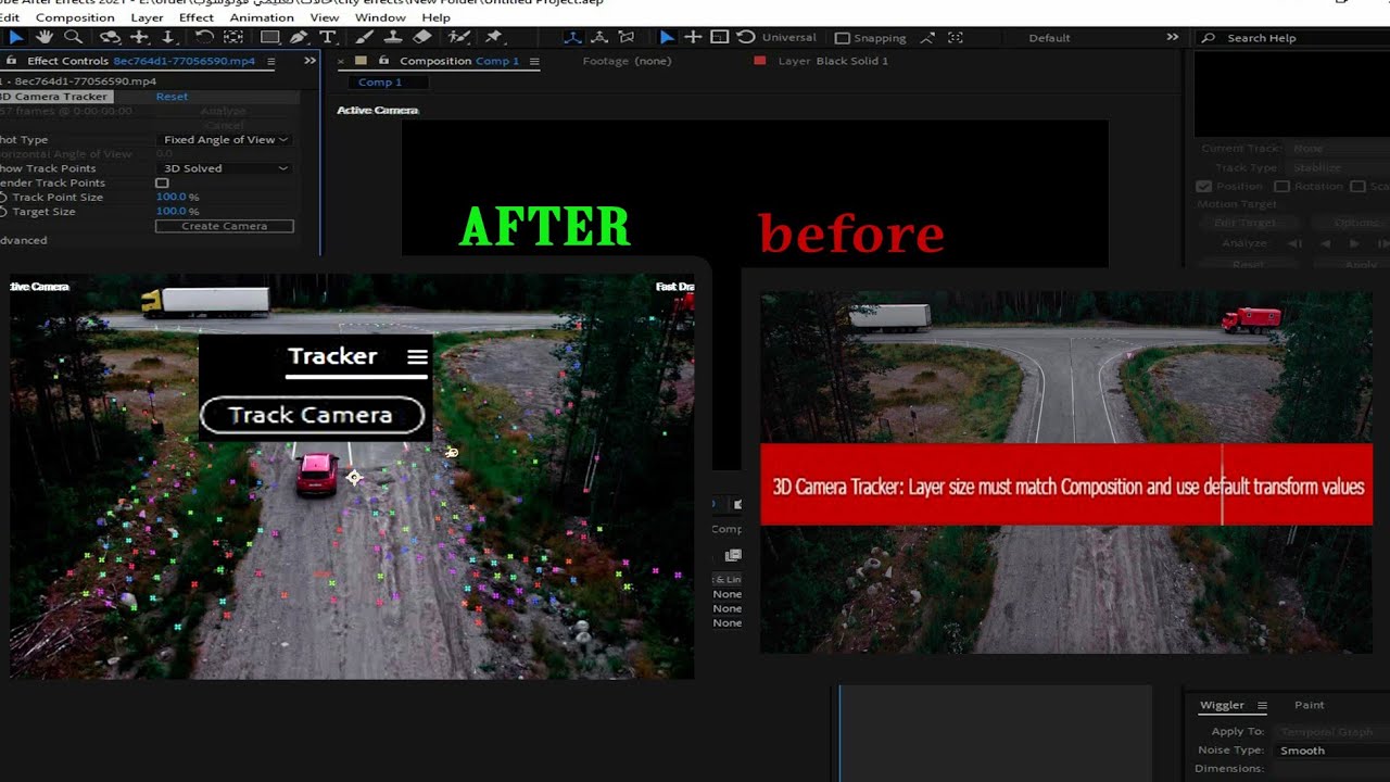 3D Camera tracking layer size dismatch composition size transform values 