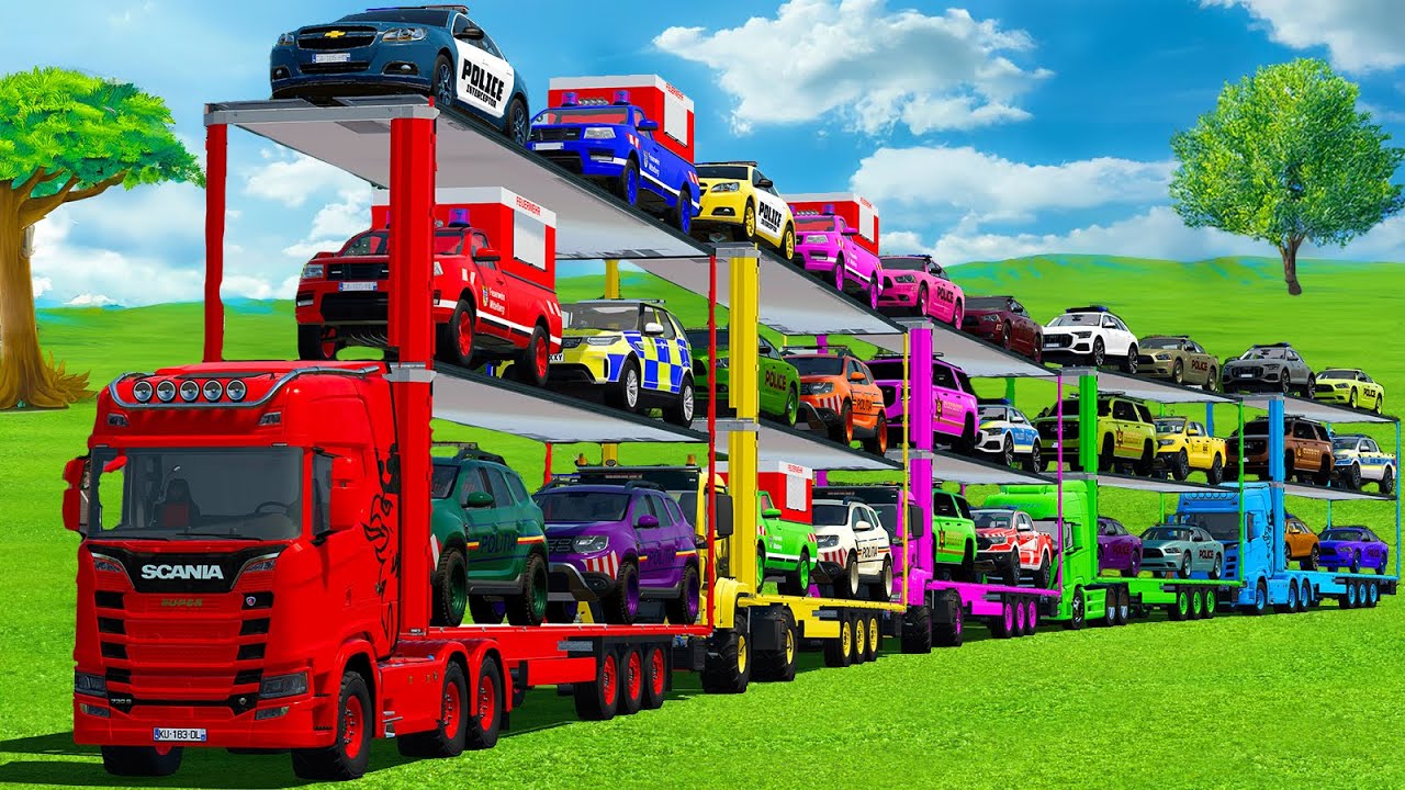 OVERSIZE CONVOY TRANSPORT WITH POLICE CARS, AMBULANCES, DACIA, AUDI & TRUCKS - FS25