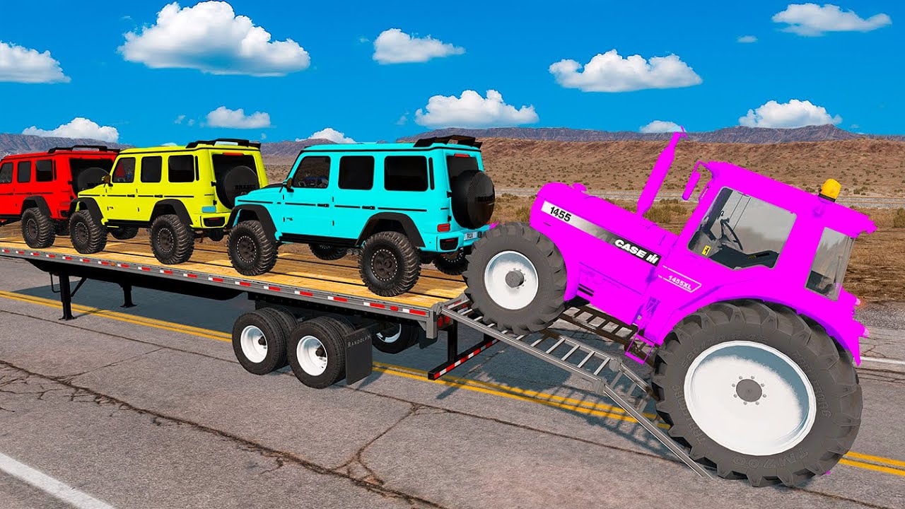 TRANSPORTING PIXAR CARS & FRUITS WITH COLORED & JOHN DEERE vs CLAAS vs TRACTORS - BeamNG.drive #962