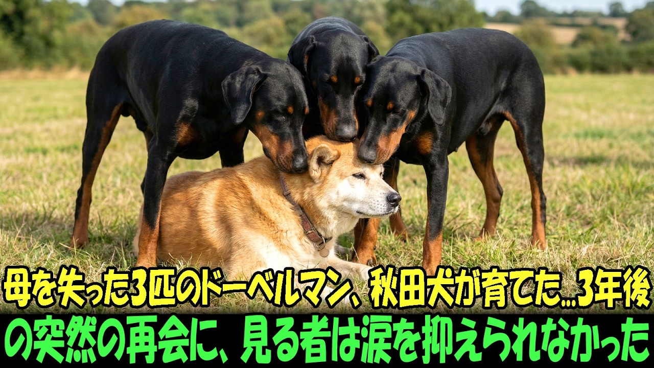 【奇跡の実話】母犬を失った3頭のドーベルマンの子犬は、アキタ犬に育てられた。3年後の突然の再会に、見る者は涙を抑えられなかった。