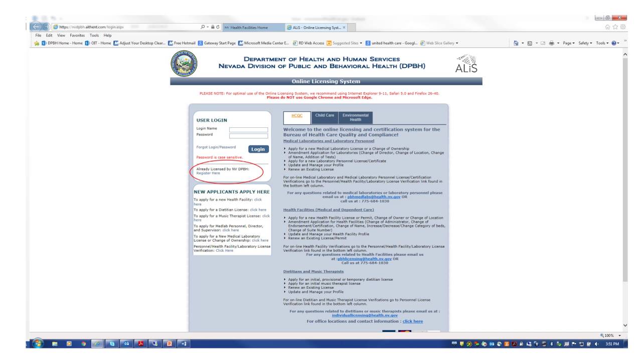 Nevada Health Facility Online Licensing System