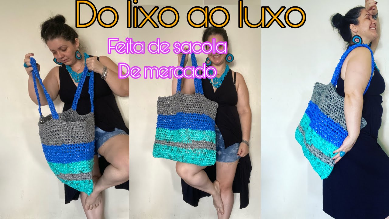 SACOLA DE CROCHÊ FEITA DE PLÁSTICO