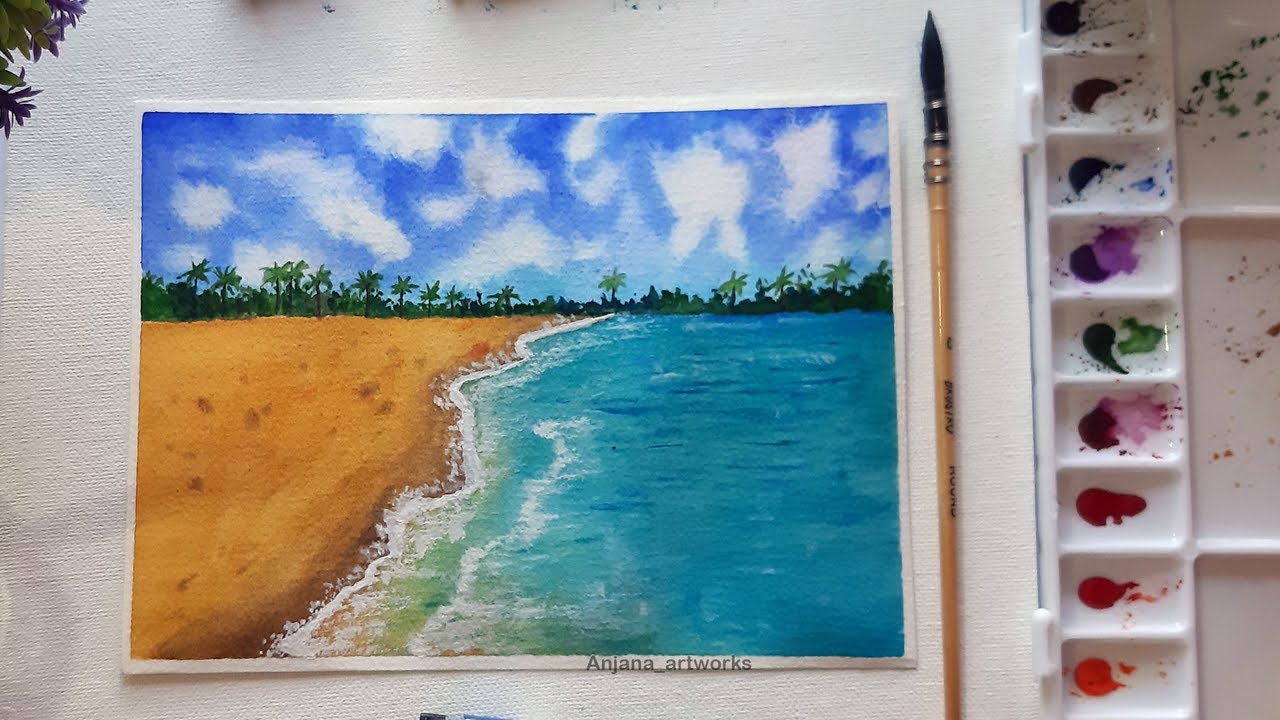 seascape watercolor painting tutorial | Beach watercolor tutorial | beach step by step tutorial