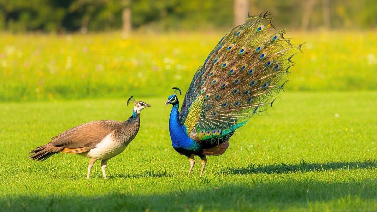 Colorful peacocks and their chicks on the meadow - Peacock video