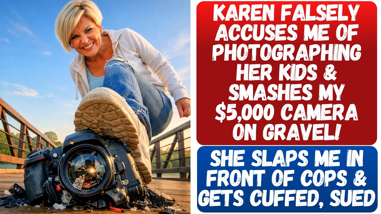 KAREN FALSELY ACCUSES ME OF PHOTOGRAPHING HER KIDS & SMASHES MY $5,000 CAMERA ON GRAVEL! ENDS BAD!!!