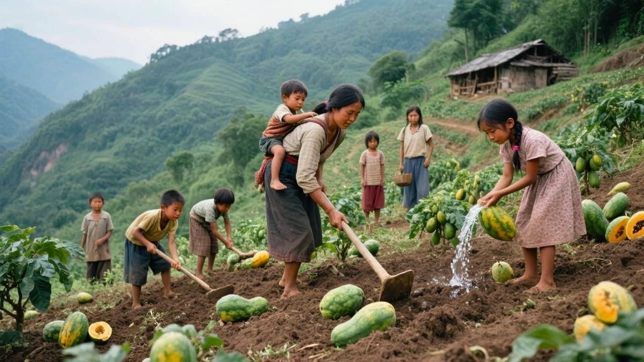 【一家七口隐居深山】今天妈妈带几个孩子去地里种木瓜，孩子们积极的除草，晚上回来妈妈准备了丰富的晚餐！#农村生活#三农