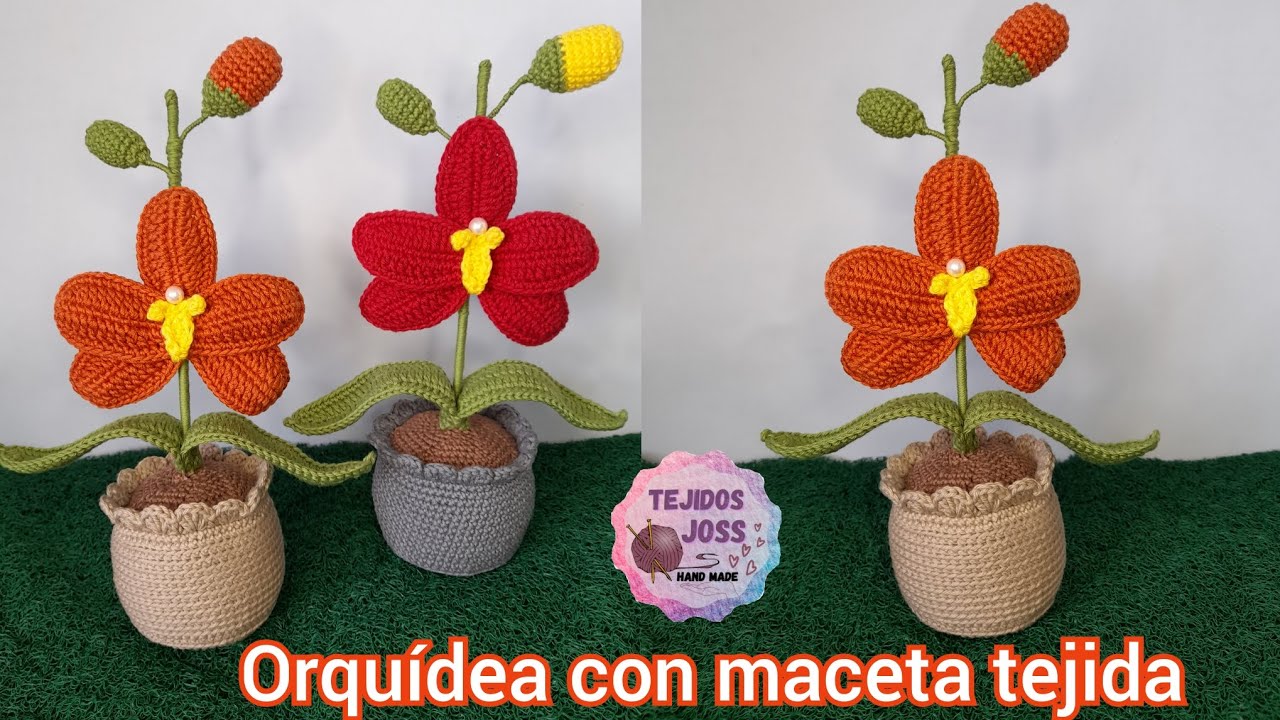 Orquídea con maceta tejida a crochet