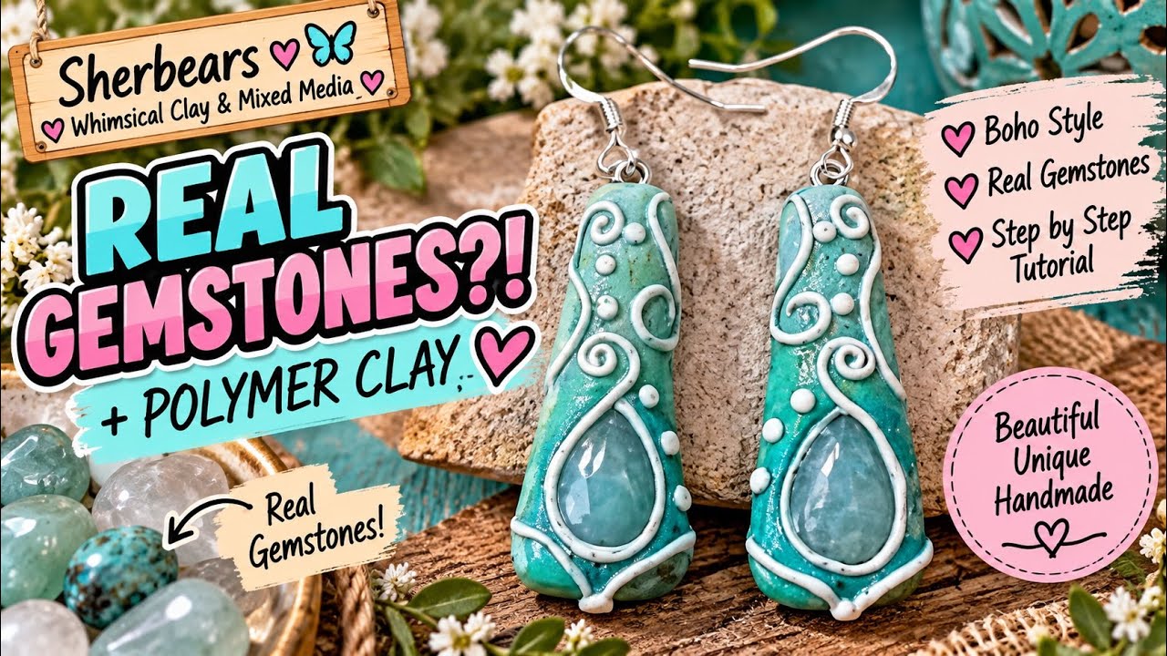 Unique polymer clay earrings tutorial, Boho style, Real gemstone, paint over clay, step by step