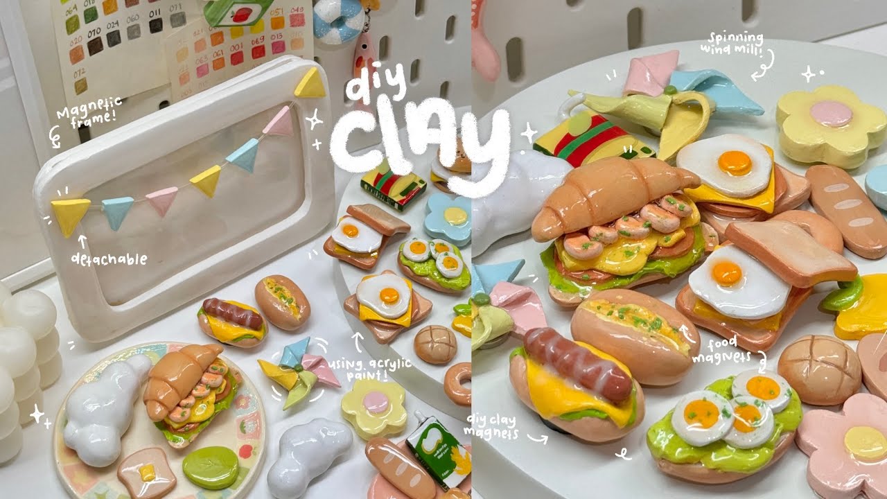 how i make magnetic clay frame and magnets🥯🥐🎪 using air dry clay / no bake ft. Meeden