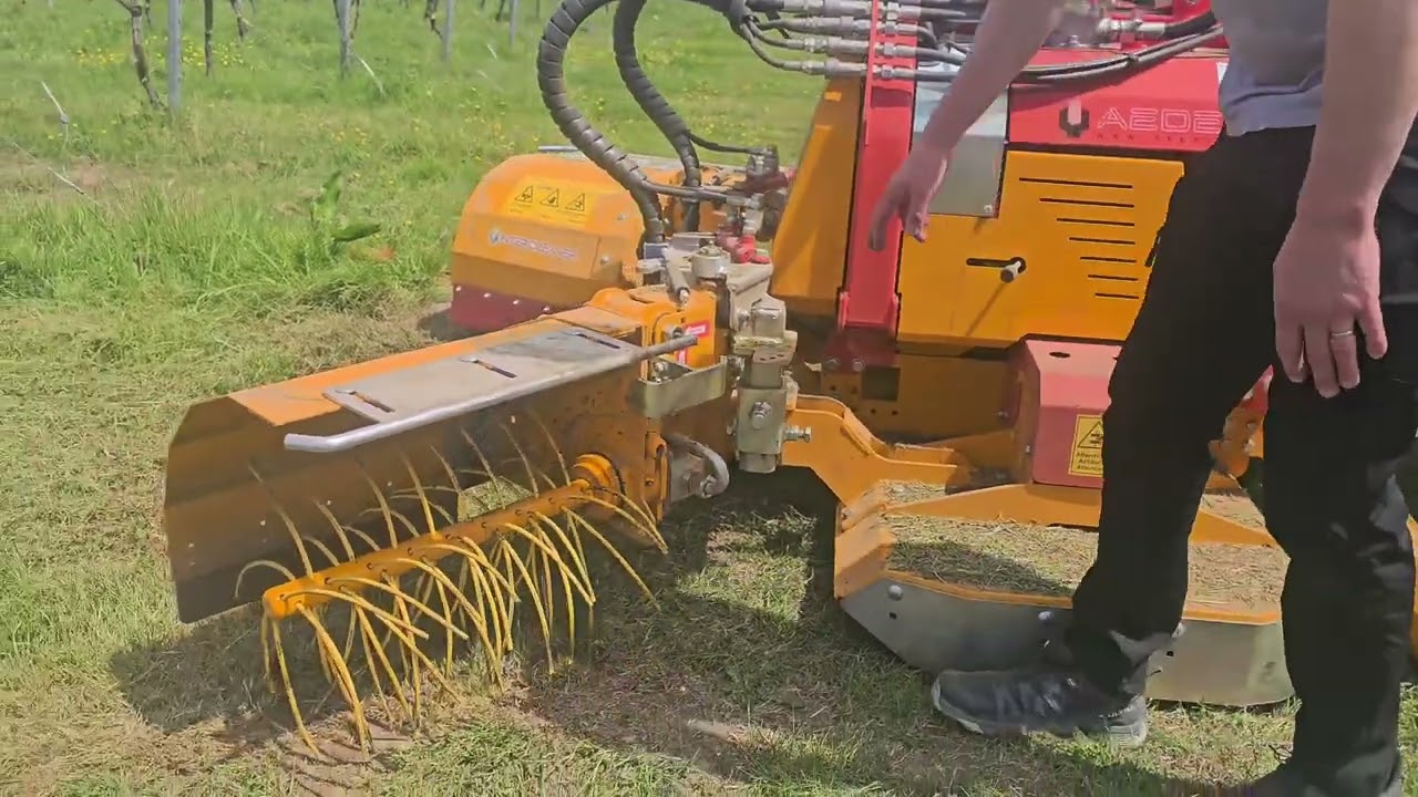 Mower with strimmers in Vineyard.